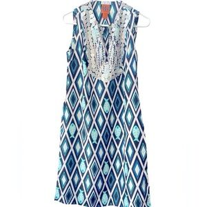 Tory Burch- Teal and Navy Diamond Print Dress Size 8